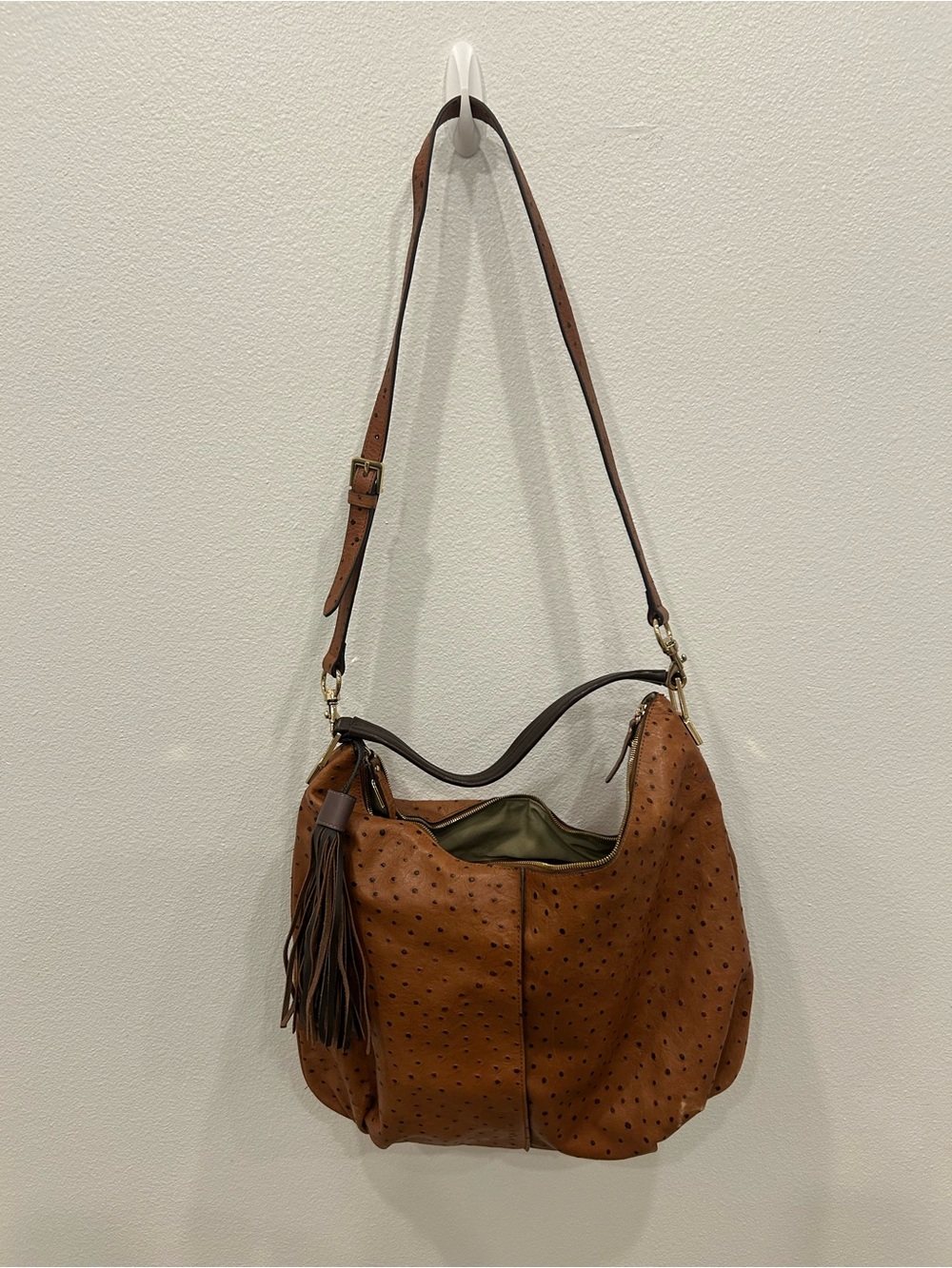 Ostrich Leather Hobo Shoulder Bag in Brown